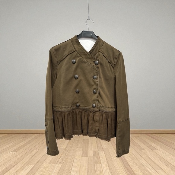 FREE PEOPLE Womens Olive Green Military Ruffle Hem Jacket Size S - Picture 5 of 11